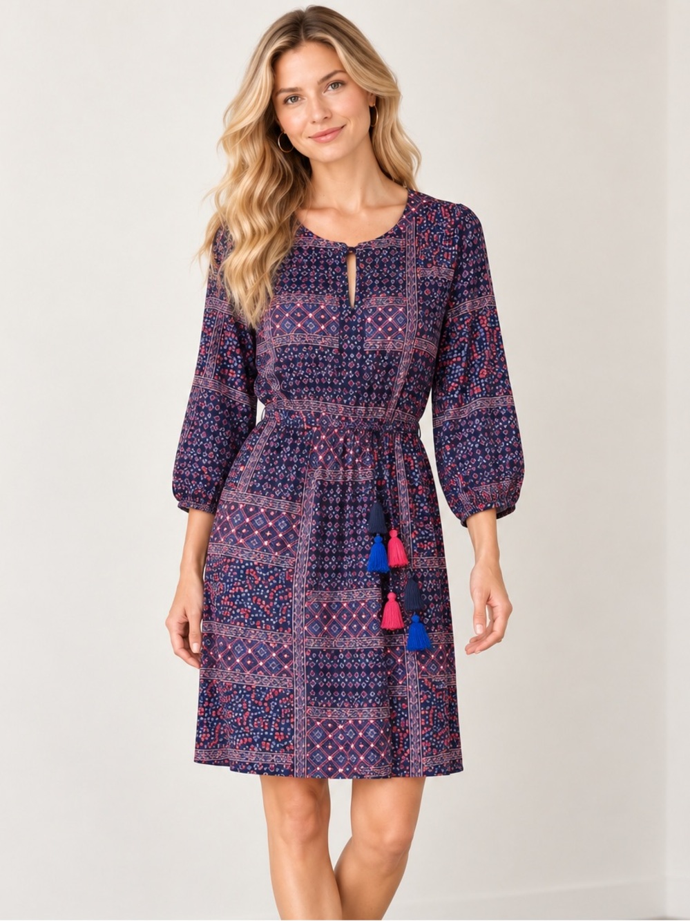 LOFT Patchwork Boho Peasant Tassel Tie Waist Dress Size S